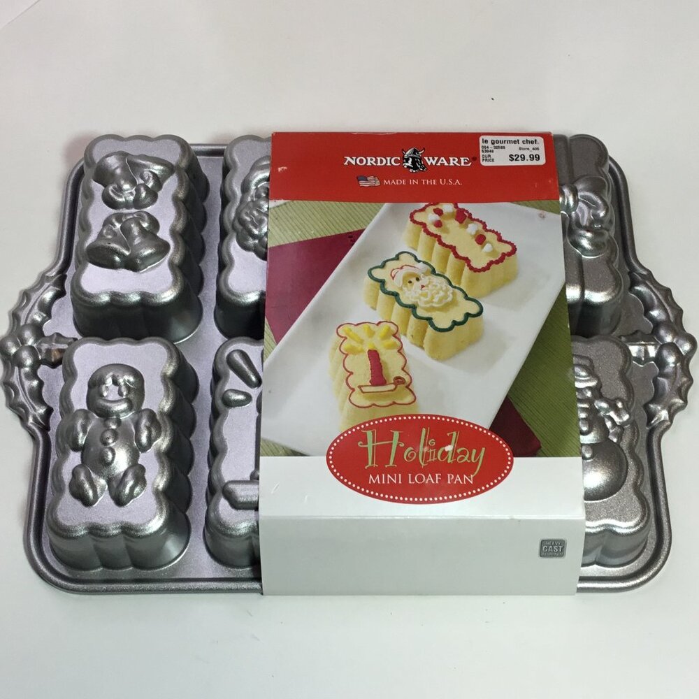 Nordic Ware Holiday Mini Loaf Baking Pan Santa Snowman Candle Christmas 6 Cup